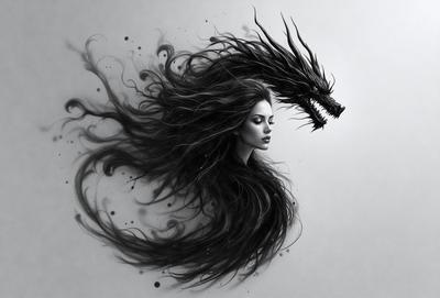 The primary subject of the image is a woman with long black hair. She is depicted as a dragon, with her hair flowing like a dragon's tail. The setting is a black and white background, which adds a dramatic and artistic touch to the scene. The visual style is a combination of digital art and illustration, creating a unique and captivating image. The dominant colors are black and white, which contribute to the overall mood of the image, evoking a sense of mystery and intrigue.